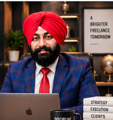 Karamjeet Singh working at his desk